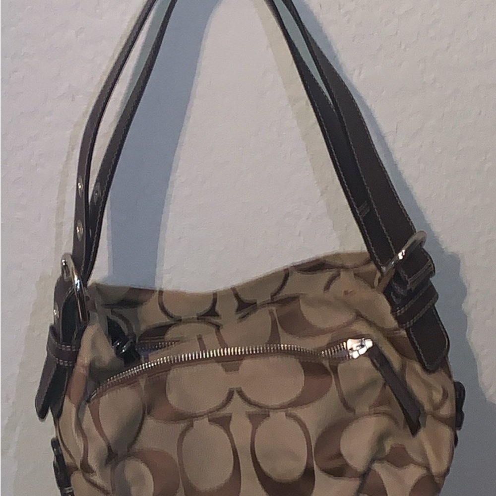 Coach Brown Monogram Shoulder Bag with Leather Trim